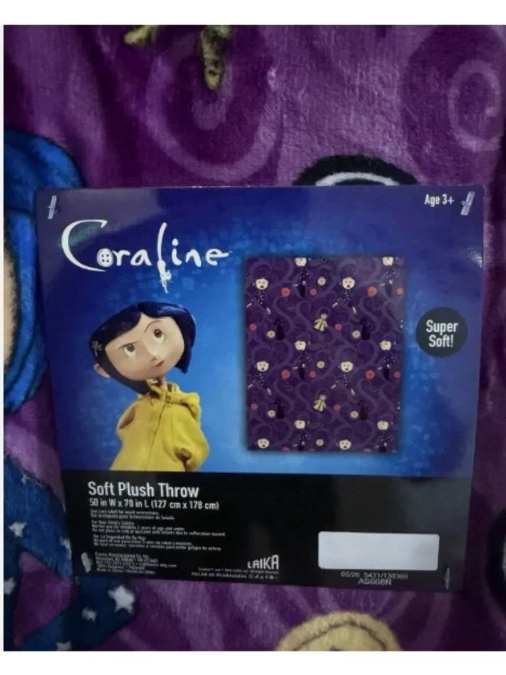 Coraline Soft Plush Throw Blanket 50 x 70 Purple Black Cat Buttons Laika NWT